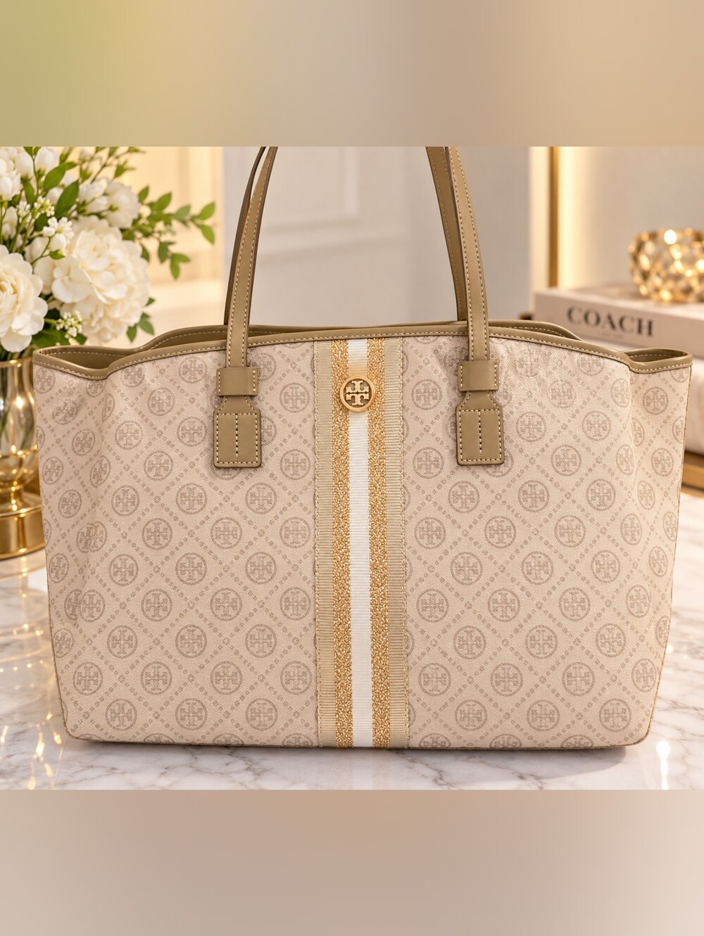 Tory Burch Neutral Logo Stripe Tote with Gold Accent